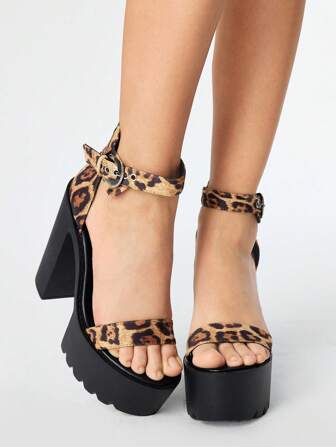 Grunge Punk Women's Fashion Leopard Print Strap Sandals, Summer Gothic Punk Style Metal Buckle Open Toe Stylish Shoes