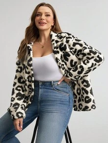 SHEIN LUNE 大码女式豹纹长袖单排扣休闲仿皮草宽松外套，适合秋冬季办公室穿着，日常穿着、假日优雅装扮、职场女神范儿，尽显秋冬风情。 - 彩色 - 查看 2