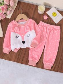 SHEIN 2 件女婴秋冬羊毛狐狸印花圆领运动衫和波尔卡圆点修身裤套装，适合幼儿的可爱休闲保暖服装 - 粉色 - 查看 1