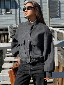 DAZY 女士秋冬立领短款宽松羊毛大衣外套 - 深灰色 - 查看 7