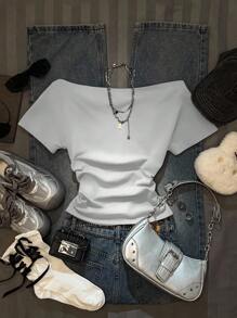 SHEIN EZwear 女式休闲简约 GRUNGE 美式风景标语印花褶皱腰露肩紧身短袖 T 恤，适合夏季，Y2K 不对称肩部修身款式 - 白色 - 查看 2