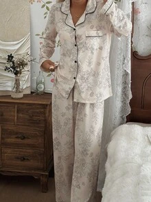 CottageSlumber CottageSlumber Conjunto de pijama de manga larga con estampado floral y de conejo con cuello para mujer. Conjunto de pijama, ropa de dormir de 2 piezas, conjunto de ropa de estar en casa. Ropa de otoño e invierno, cómoda y elegante.