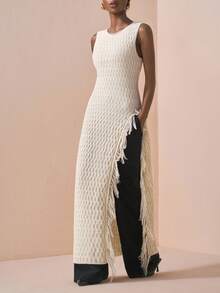 Zivah Lễ hội âm nhạc mới mùa thu 2025, Lễ Phục sinh, Ngày lễ Thánh Patrick, Phong cách phương Tây, Du mục, Tiệc sinh nhật, Lễ tốt nghiệp, Phong cách đại học, Trang phục sinh viên, Thường ngày, Đa năng, Giải trí, Du lịch du thuyền, Bãi biển, Tắm nắng, Lan truyền, Thời trang đường phố, Khách dự tiệc cưới, Bohemian, Đi làm, Ăn trưa, Sân bay, Y2K, Áo len dệt kim dài không tay tua rua cổ điển màu mơ chắp vá - Màu be - Xem 4