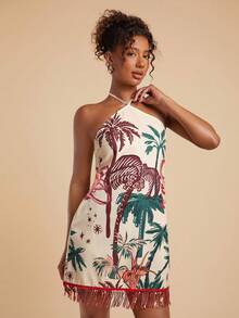 Travachic Váy ngắn tua rua đính cườm họa tiết cây cọ dành cho nữ, đi nghỉ - Nhiều màu - Xem 1