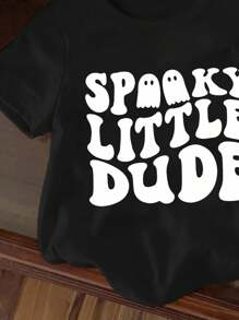 SHEIN Baby Boy Casual Loose Comfortable Halloween English Letter Cute Style Cartoon Print Short Sleeve Top, Suitable For Summer - Black - View 5