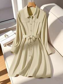 Franclia Women's Casual Solid Color Cardigan Waist Dress, Versatile For Commuting, Autumn/Winter Fall Cloth For Women - Apricot - View 1