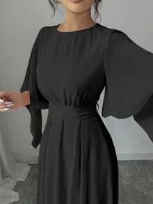 Elenzga Đầm suông cổ tròn tay bèo nhún thanh lịch dành cho nữ, mùa xuân/hè - màu đen - Xem 3