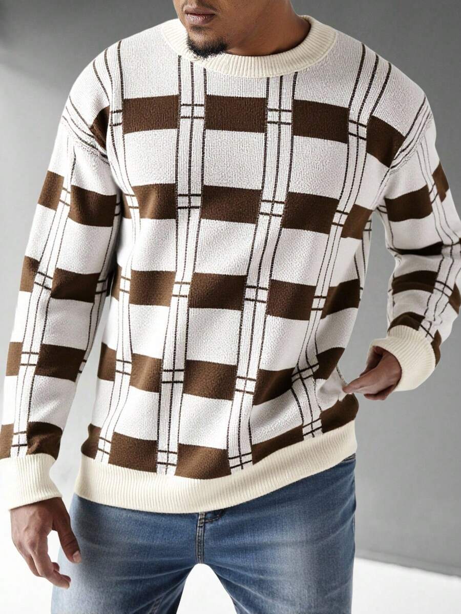 EURMUSE Herren Farbblockpullover mit Rundhalsausschnitt, Regular Fit - Beige - Übersicht 1