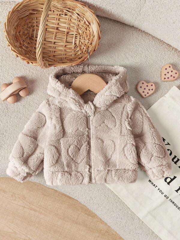 SHEIN Newborn Baby Girl Cute Solid Color Fluffy Heart Pattern Hooded Thick Jacket Coat, Autumn/Winter Fall