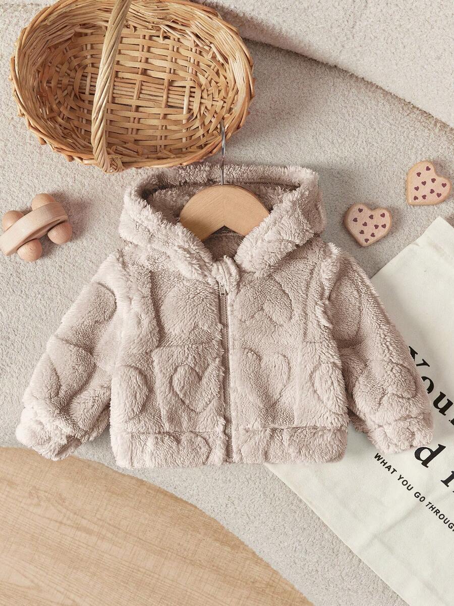Newborn Baby Girl Cute Solid Color Fluffy Heart Pattern Hooded Thick Jacket Coat, Autumn/Winter Fall