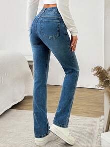 EURMUSE WOMEN SKINNY STRAIGHT HIGH WAIST JEANS ZIPPER DETAIL - Medium Wash - View 2