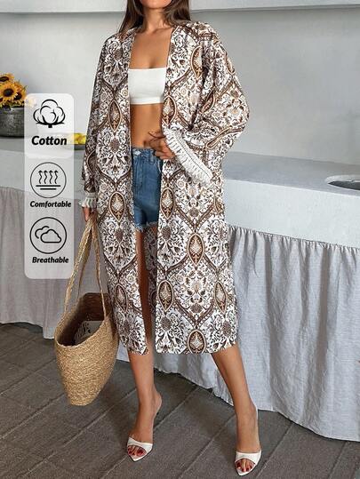 RueChic Women, Spring, Summer, Kimono, All Over Print, Long Sleeve, Loose Fit, Tassel
