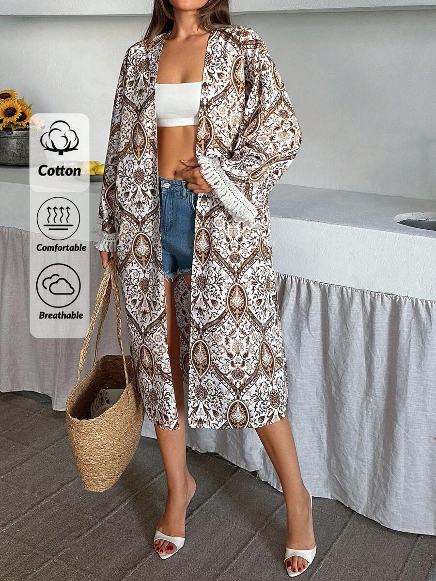 SHEIN Cottnline Women, Spring, Summer, Kimono, All Over Print, Long Sleeve, Loose Fit, Tassel - Multicolor - View 1