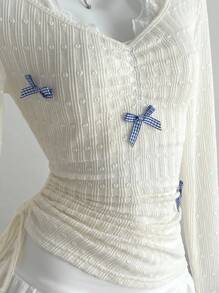 Elamini Bowknot Contrast Lace Halter Tie Ruched Waist Fitted Long Sleeve T-Shirt Fall Cloth For Women - Apricot - View 4