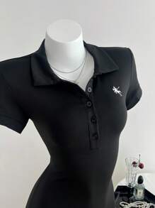 SHEIN Unity 女式休闲修身腰绣花连衣裙 - 黑色 - 查看 6