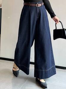 Dazy Plus Plus Size Women Dark Wash Loose Wide Leg Jeans With Visible Seam, All Season - Dark Wash - View 4