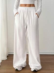 SHEIN PETITE Women's Summer Country Concert Going Out Boho Beach Vacation Outfits Basic Minimalist Washed 100%Cotton White Pants Curved Hem Pants,Fall Women Clothes White Wide Leg Pants Women - White - View 12