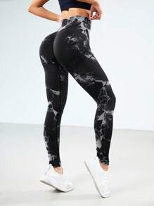 SHEIN Sports Colanți sport pentru femei, fără sudură, vopsiți în stil Tie-Dye, cu talie înaltă, slăbire + pantaloni scurți de yoga