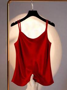 INAWLY 大码女式缎面纯色宽松休闲吊带背心 - 紅色 - 查看 3