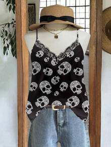 Mellowie 加大码万圣节休闲骷髅印花吊带背心，适合夏季度假、节日、万圣节装扮，性感，蕾丝边骷髅吊带背心，哥特风吊带背心 - 彩色 - 查看 3