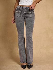 SHEIN BAE Women's Casual Washed Low Waist Flared Jeans - Black - View 5