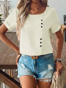 EMERY ROSE 休闲纽扣装饰纯色短袖衬衫，春夏