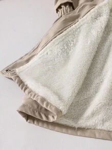 女孩舒适休闲宽松毛绒衬里仿皮草装饰连帽中长款派克大衣 - 米色 - 查看 5