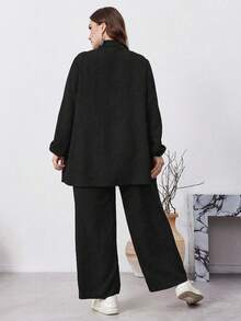 Mulvari 2 件加大码纯色前扣长袖休闲优雅裤套装，休闲 2 件套服装，适合旅行/休闲/居家/度假 2 件套 - 黑色 - 查看 2