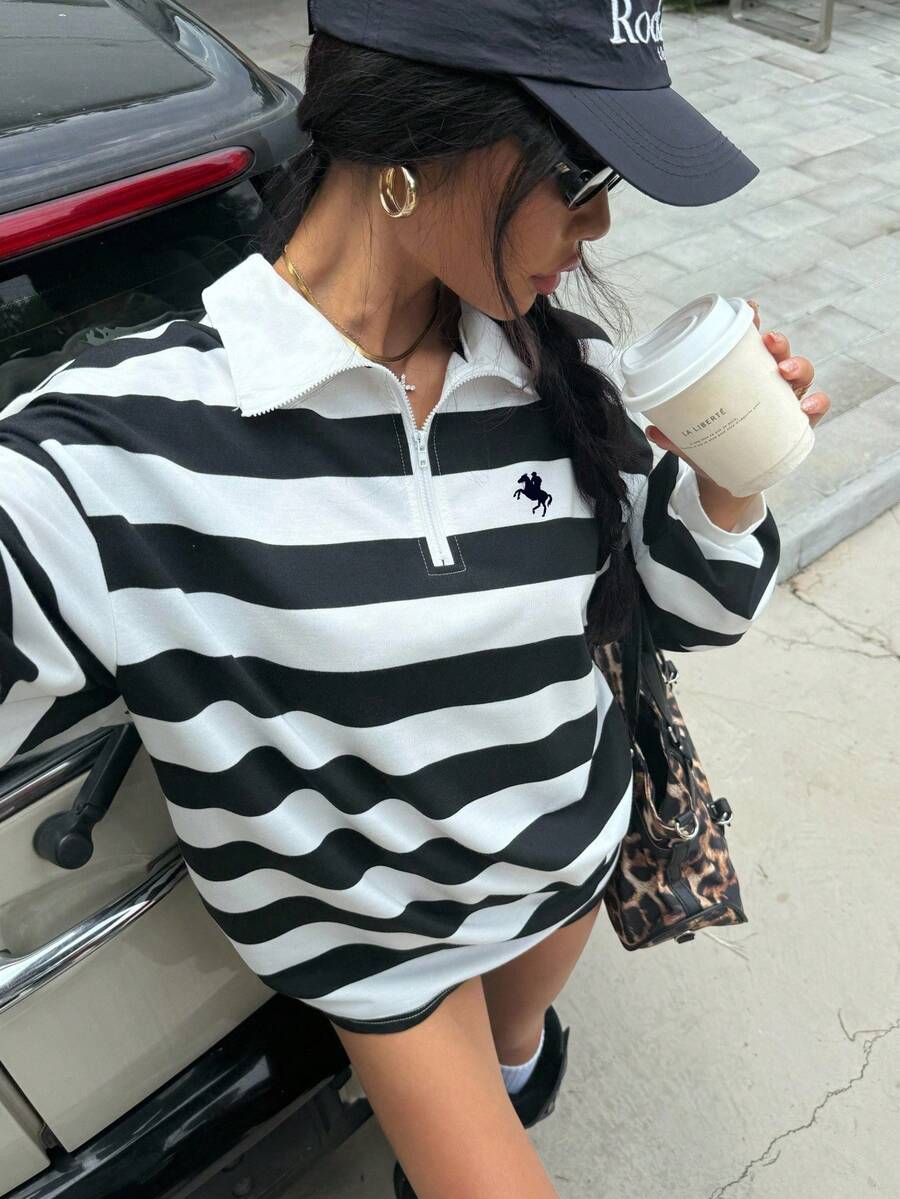 Muchica 女士休闲简约街头风时尚马标胸前贴片条纹学院风立领拉链宽松长袖卫衣，性感别致，学院风，博主推荐秋冬搭配卫衣