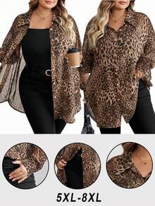 SHEIN CURVE+ Curve 大码/秋装/秋季女装/女冬装/冬装大码女士休闲优雅豹纹雪纺前开宽松长袖衬衫 - 彩色 - 查看 1