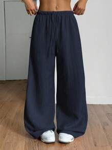 SHEIN PETITE Women's Summer Textured Fabric Straight Leg Pants Fall Cloth For Women - Navy Blue - View 5