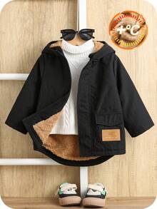 SHEIN 男婴秋冬服装套装，保暖连帽外套，加厚羽绒服，绗缝外套，舒适百搭，时尚经典休闲风，适合室内、户外滑雪、日常穿着、运动、玩耍、派对、节日等场合。男婴冬季外套，男婴黑色外套，男婴抓绒外套，男婴连帽外套，男婴保暖外套。