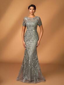 Serin 优雅奢华刺绣蕾丝亮片花卉图案泡泡珍珠透视袖连衣裙，适合婚礼、派对、度假、舞会、晚礼服、新娘母亲 - 灰色 - 查看 7