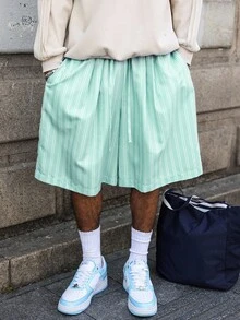 Manfinity EMRG Men's Summer Casual Striped Wide Leg Shorts - Mint Green - View 6