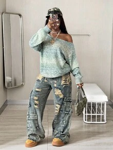 Coolane Pulover elegant pentru femei, stil vintage, cu umăr gol, supradimensionat, confortabil, cu dungi, stil streetwear, toamnă și fată cool - Multicolor - Vizualizare 6