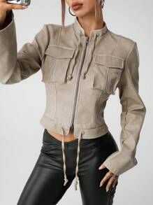 SHEIN ICON 秋冬女士修身PU皮革做旧复古性感夹克 - 白色 - 查看 6