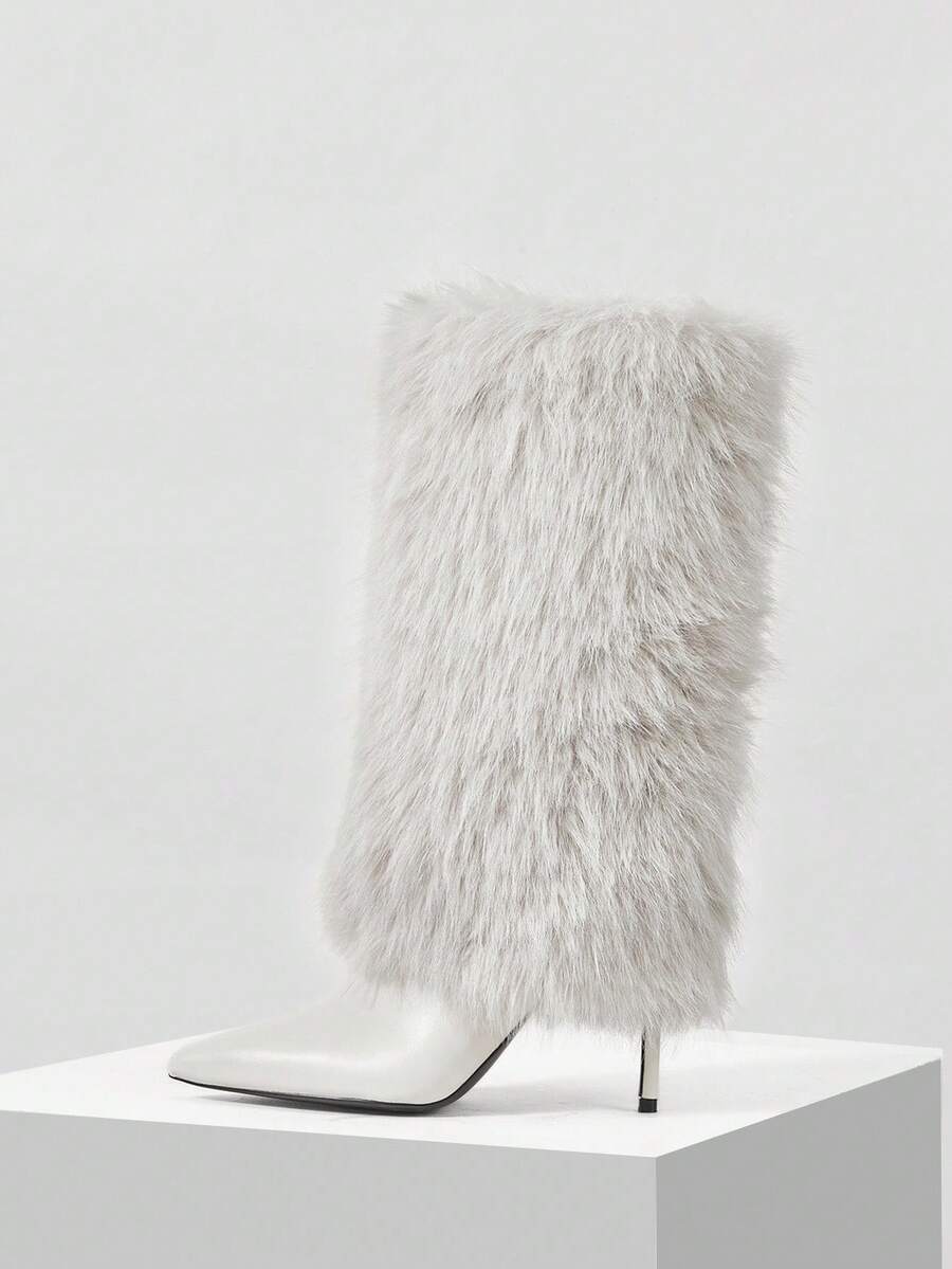 MOTF 毛茸茸的尖头高跟中筒靴，宽松的及膝靴，适合通勤、约会、派对和其他时尚场合 - 米色 - 查看 2