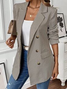 EMERY ROSE 女士时尚休闲格子双排扣西装外套