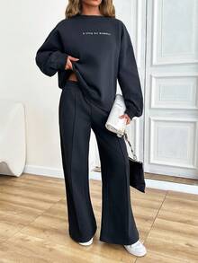 SHEIN PETITE SLEEVE CUT DETAIL SLOGANED SWEATSHIRT AND WIDE LEG PANTS - Black - View 5
