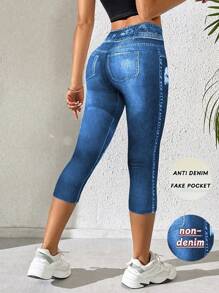 INAWLY 女士休闲街头时尚牛仔印花高腰七分紧身裤 - 彩色 - 查看 2