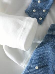 Girls' Casual Fashion Daily Street Crew Neck Long Sleeve Bow & Pearl Design T-Shirt With High Waist Short Denim Skort, Back To School Outfit, All Season Fall Winter