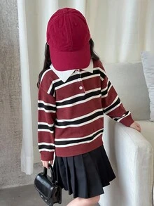 DAZY Young Girl Regular Turndown Collar Striped Korean Style Long Sleeve School Sweater Fall, Winter - Red - View 6