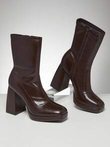 SHUZIA 女士时尚舒适弹力PU粗跟拉链踝靴 - 棕色 - 查看 6