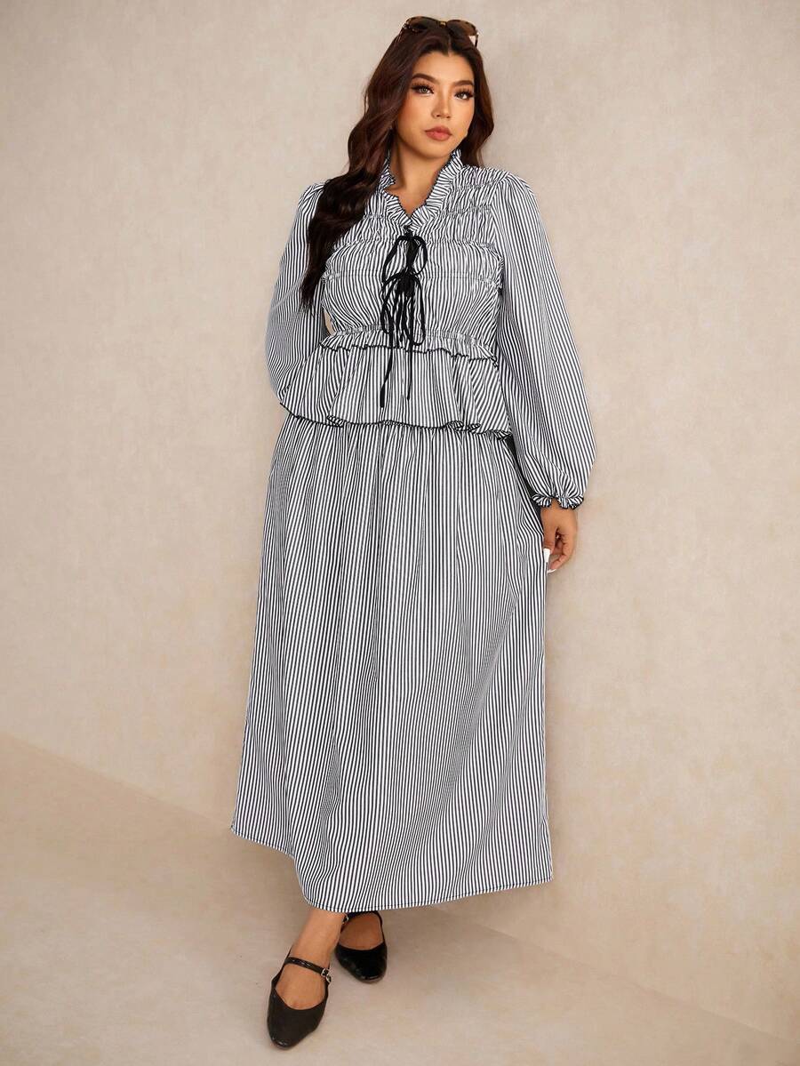 Elaquor 大码女式条纹荷叶边前系带灯笼袖衬衫和半裙两件套 - 黑與白 - 查看 1