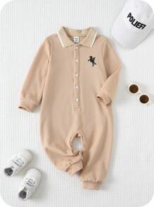 SHEIN 新生儿男/女宝宝可爱卡通图案Polo领长袖连体衣，秋冬季男宝宝卡其色套装，摩卡色婴儿服装，婴儿小马套装