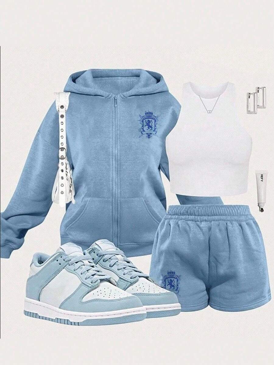 SHEIN Explorewe 3 件套 Tween 女童连帽拉链夹克、白色背心和美国徽章印花短裤休闲街头装 - 藍白色 - 查看 1
