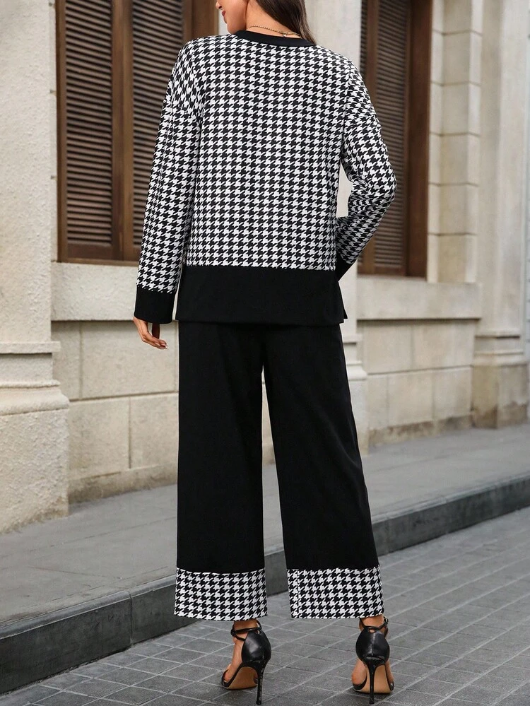 Women's V-Neck Houndstooth Long Sleeve Loose Top And Wide Leg Pants 2 Pieces Set Houndstooth Set Women Two Pieces Set Two Pieces Outfit Fall Clothes For Women Sets 2 Pieces Women Fall Clothes For Women Matching Sets Women Sets For Women