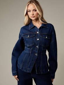 MISSGUIDED Fitted Denim Jacket With Waist Belt Classic Western Trucker Style Button Front Utility Pockets Pointed Collar Fall Winter Outerwear Streetwear Fashion - Dark Wash - View 1