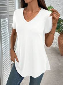 SHEIN Clasi 女士休闲纯色V领宽松T恤 - 白色 - 查看 4