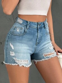 EURMUSE Heavy Destroy Mini Short Back Label On Waist - Medium Wash - View 4